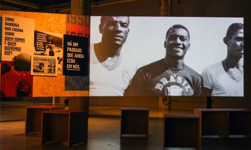 Imagem da exposição temporária "Tempo de Reação" sobre o goleiro Moacyr Barbosa