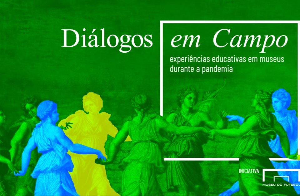 Arte com fundo verde, anjos em verde, amarelo e azul e os dizeres Diálogos em Campo em branco