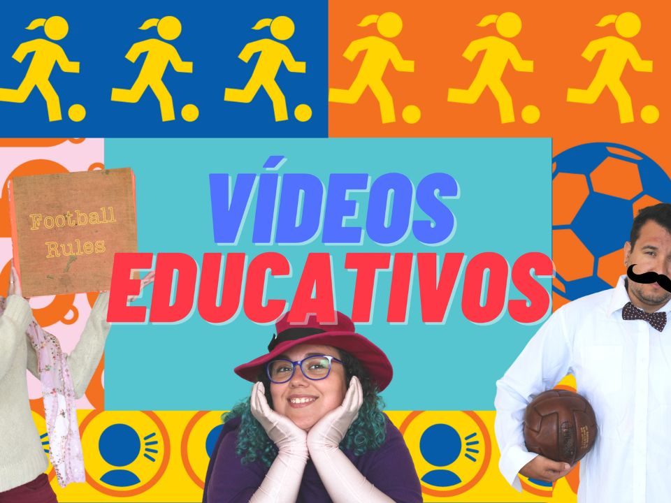 fundo bem colorido com três educadores do Museu do Futebol com os dizeres vídeos educativos