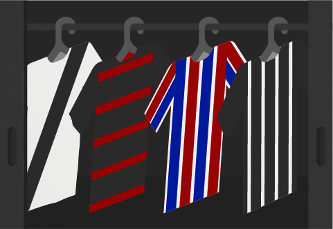 Ilustração de um guarda-roupa onde se veem camisas de clubes de diferentes cores e padrões