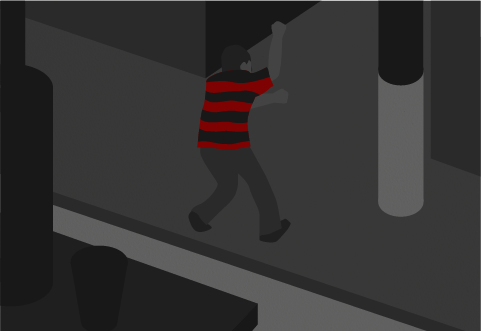 Ilustração de uma rua cinzenta, com uma pessoa vestindo uma camisa listrada de vermelho e preto.