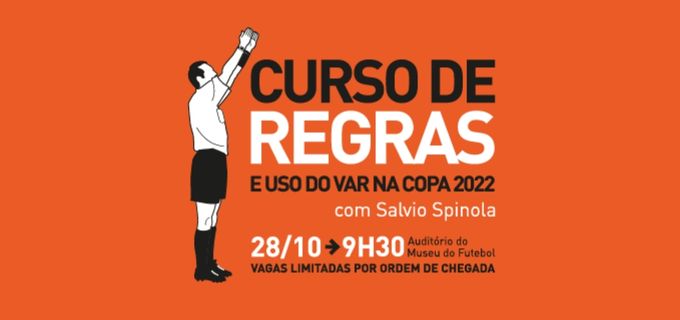 fundo laranja com arbitro e dizeres Curso de regras e uso do var na copa 2022