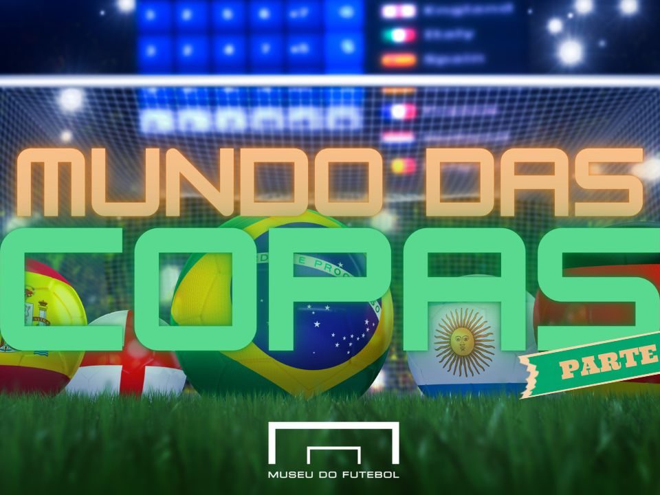 Imagem de uma trave de futebol, com cinco bolas escrito: Mundo das Copas parte dois