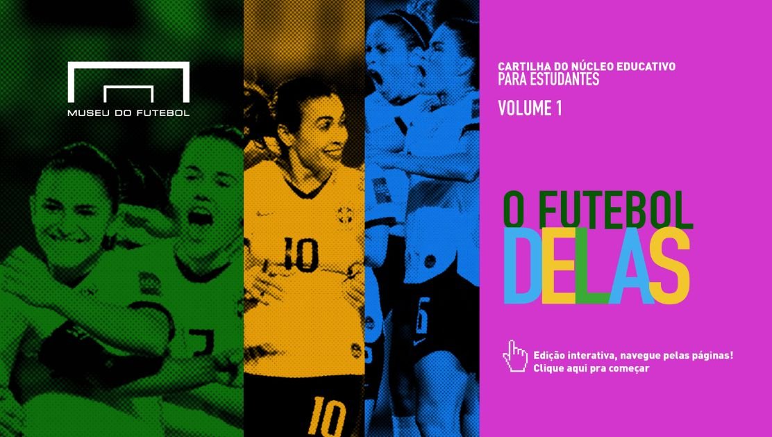 Arte com fundo verde, azul, amarelo e rosa, com imagens de jogadoras de futebol