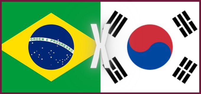 Arte dividida ao meio com bandeiras de Brasil e Coreia do Sul