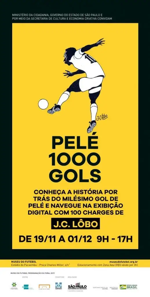 Convite eletrônico da instalação Pelé Mil Gols, com desenho de JC Lobo, em que ele chuta uma bola com a camisa do Santos, sobre fundo amarelo.