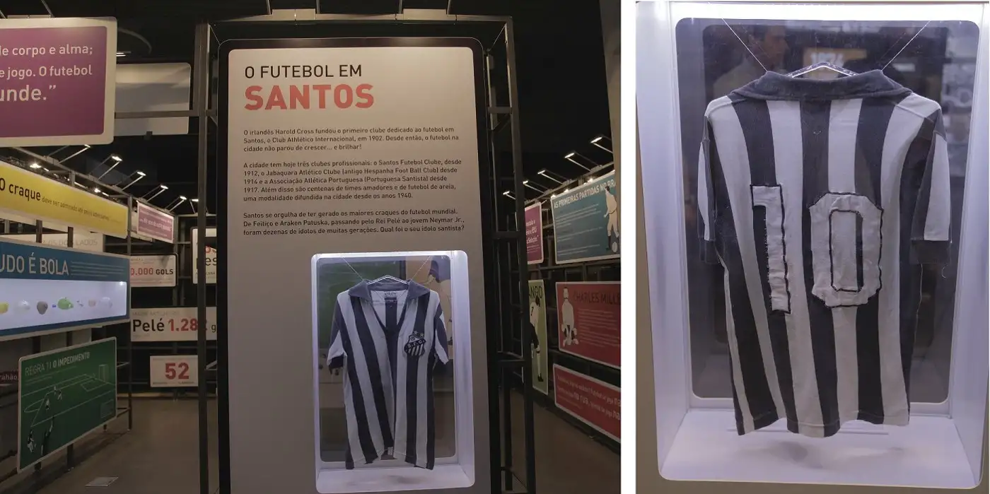 Duas imagens mostram uma vista da exposição, com destaque para a vitrine "O futebol em Santos", e na outra o detalhe de uma camisa 10 do Santos, listrada de preto e branco