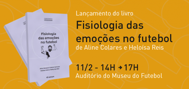 Arte com fundo amarelo, capa de livro e texto em preto e branco, dizendo: Lançamento do livro Fisiologia das Emoções