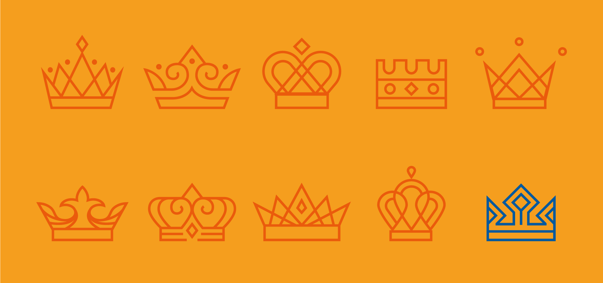 Arte em fundo amarelo mostrando vários desenhos de coroas vermelhas e uma coroa azul