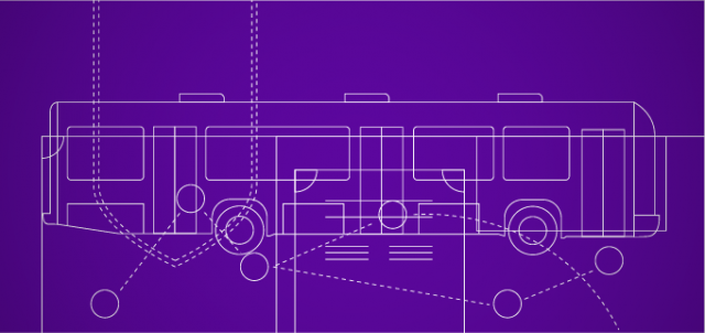 Ilustração roxa com desenho bem fino mostrando o contorno de um ônibus urbano