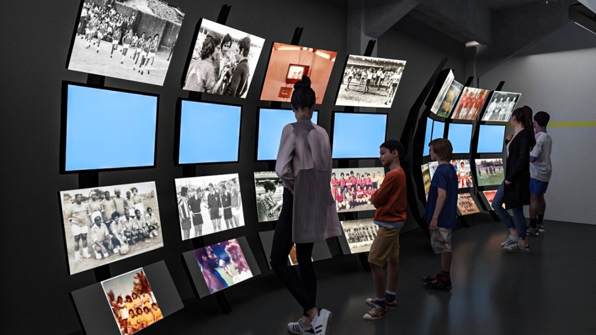 Maquete 3D mostra nova instalação na Sala das Copas do Mundo sobre história do futebol de mulheres no Brasil.