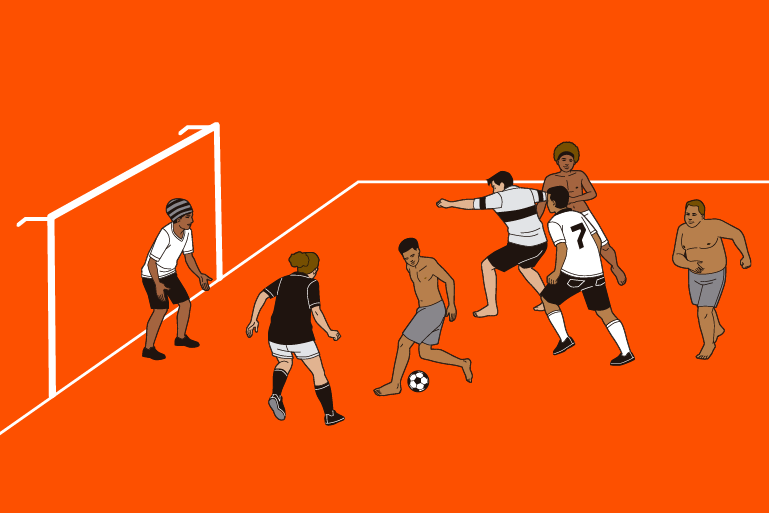 Ilustração com fundo laranja mostrando desenhos de pessoas jogando futebol amador, e o título 3º Concurso de Crônicas do Museu do Futebol