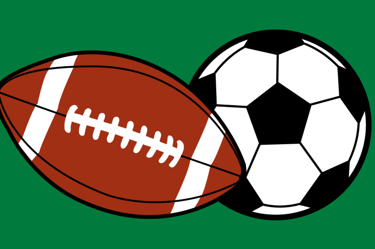 Ilustração com fundo verde mostrando uma bola oval de futebol americano e uma bola de futebol