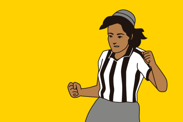 Imagem com fundo amarelo. Desenho de uma mulher jogando futebol.