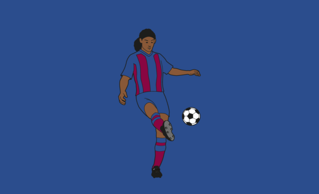 Imagem fundo azul, com desenho de um jogador com a camisa do Barcelona