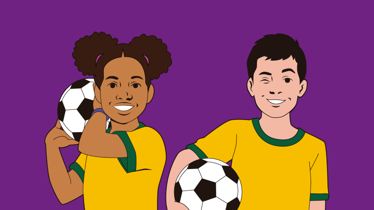 Imagem em desenho: fundo roxo com um menino e uma menina segurando a bola vestindo as cores do Brasil
