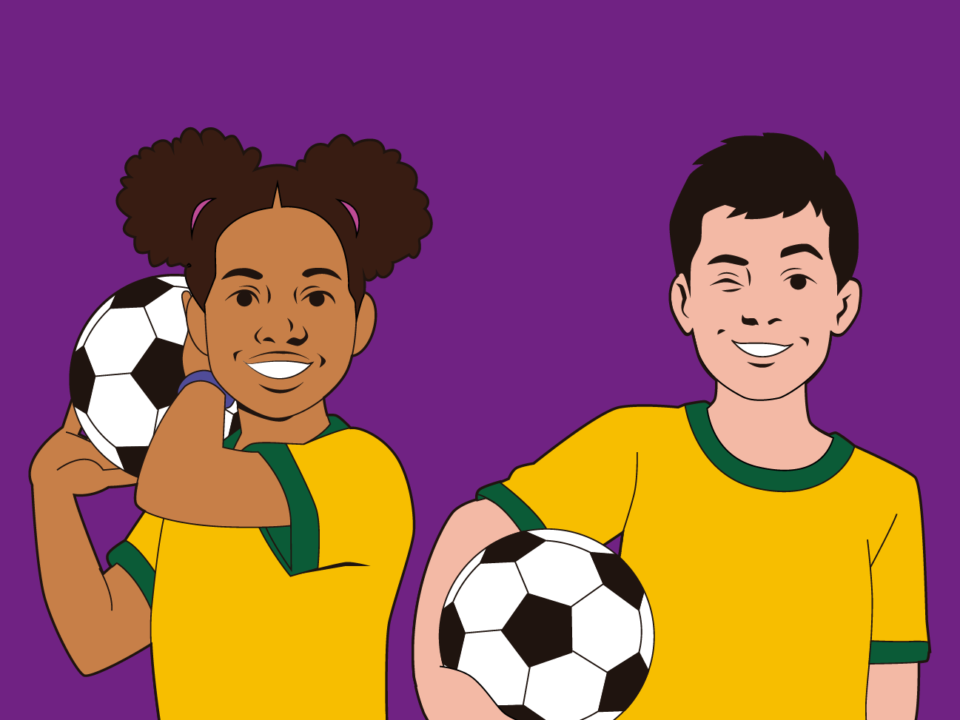 Imagem em desenho: fundo roxo com um menino e uma menina segurando a bola vestindo as cores do Brasil
