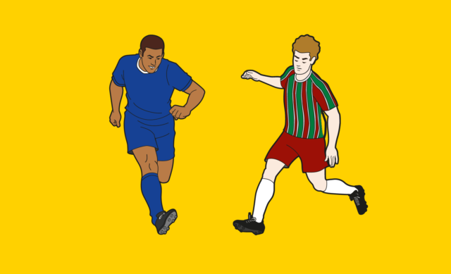 Imagem em amarelo ao fundo com dois jogadores: um representa o Fluminense e o outro o Chelsea.