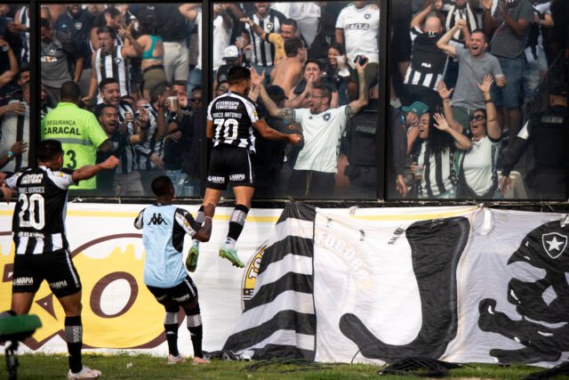 69_FOTO_DelmiroJunior Um jogador, provavelmente comemorando um gol, dá um pulo altíssimo e fica na altura de um torcedor que comemora com ele através do vidro que separa o campo da arquibancada.