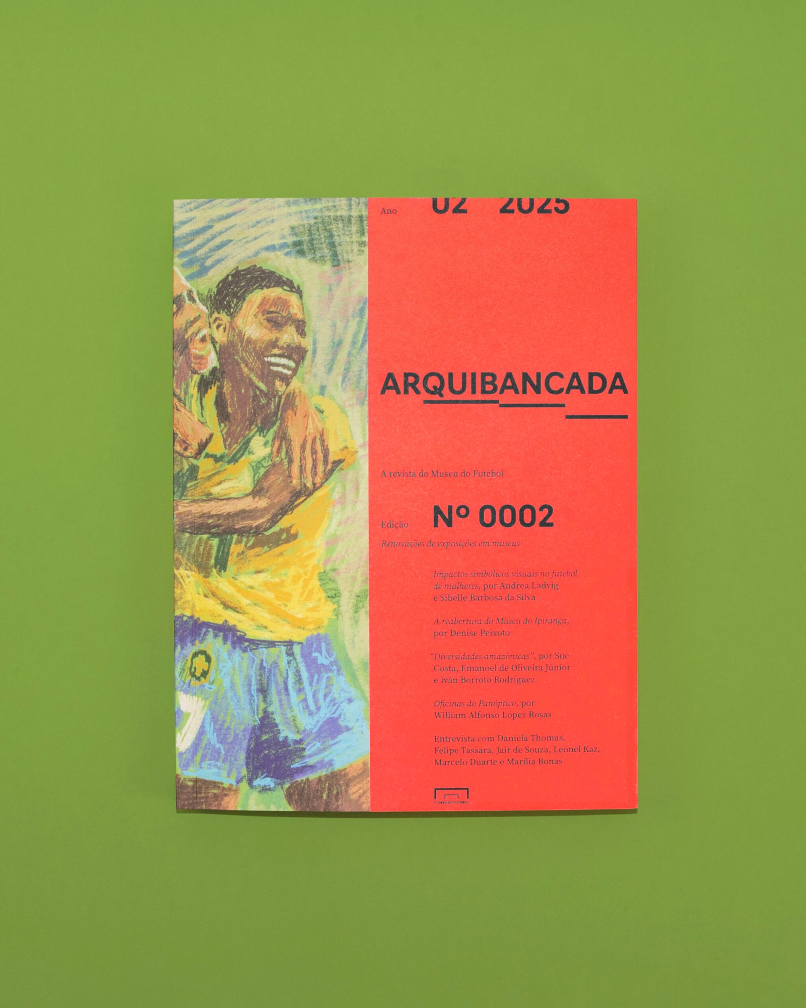 Capa da revista, com fundo laranja. Do lado esquerdo há uma ilustração de duas jogadoras com a camisa da seleção brasileira se abraçando.