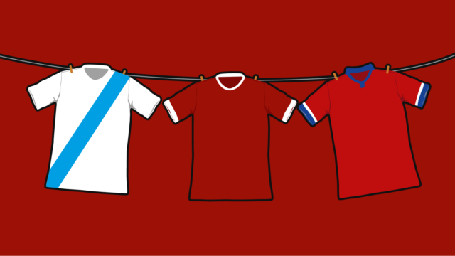 imagem com um fundo vermelho e três camisas em um varal