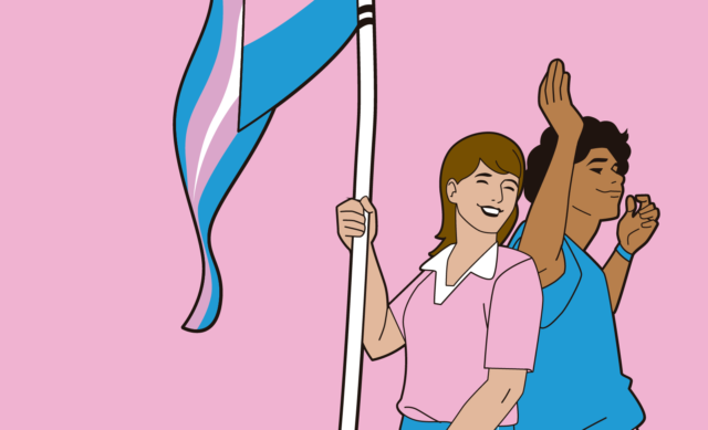 Imagem em fundo rosa. Um homem de azul, uma mulhe rtrans de rosa segurandouma bandeira.