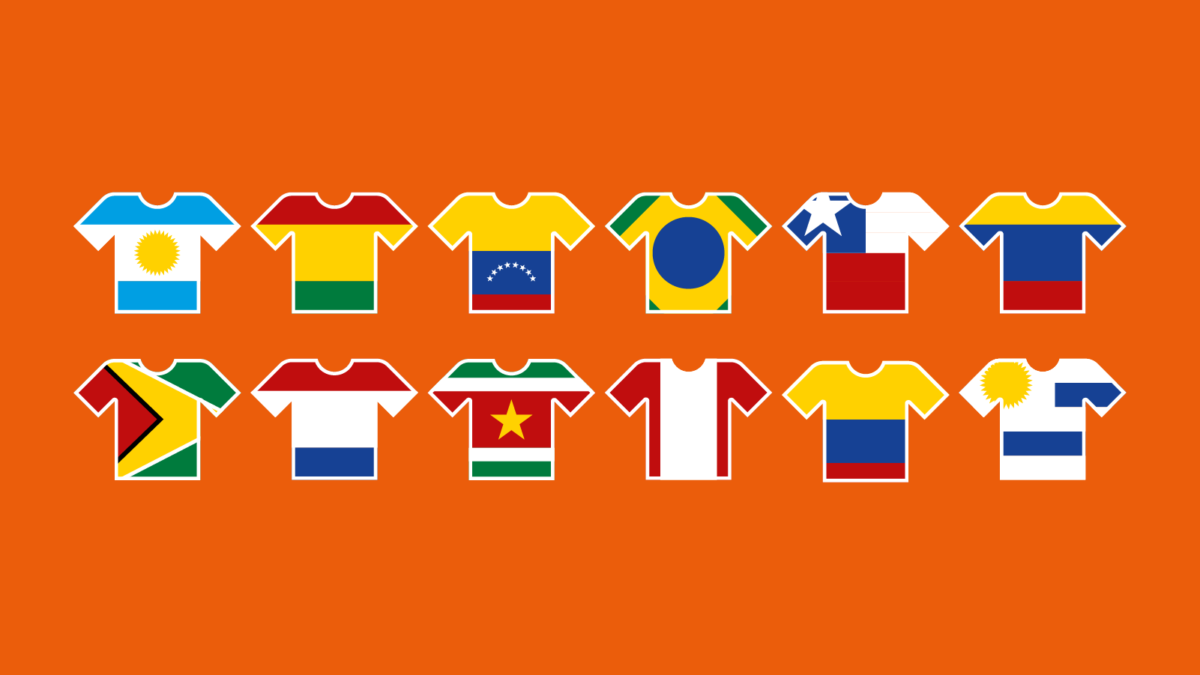 Imagem com fundo laranja: e nele, com camisas de seleções do futebol sul-americano