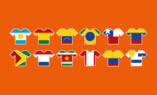 Imagem com fundo laranja: e nele, com camisas de seleções do futebol sul-americano