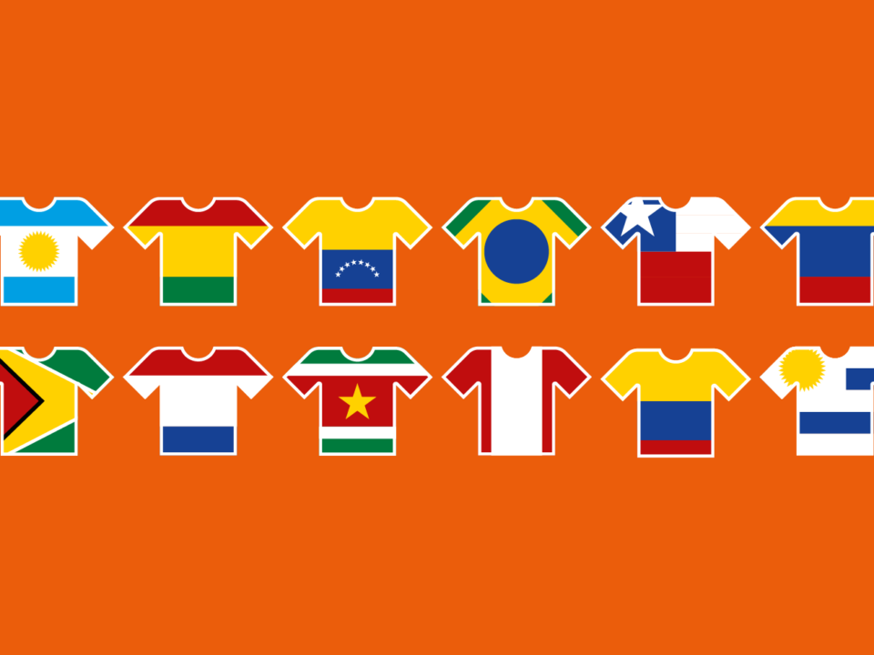 Imagem com fundo laranja: e nele, com camisas de seleções do futebol sul-americano