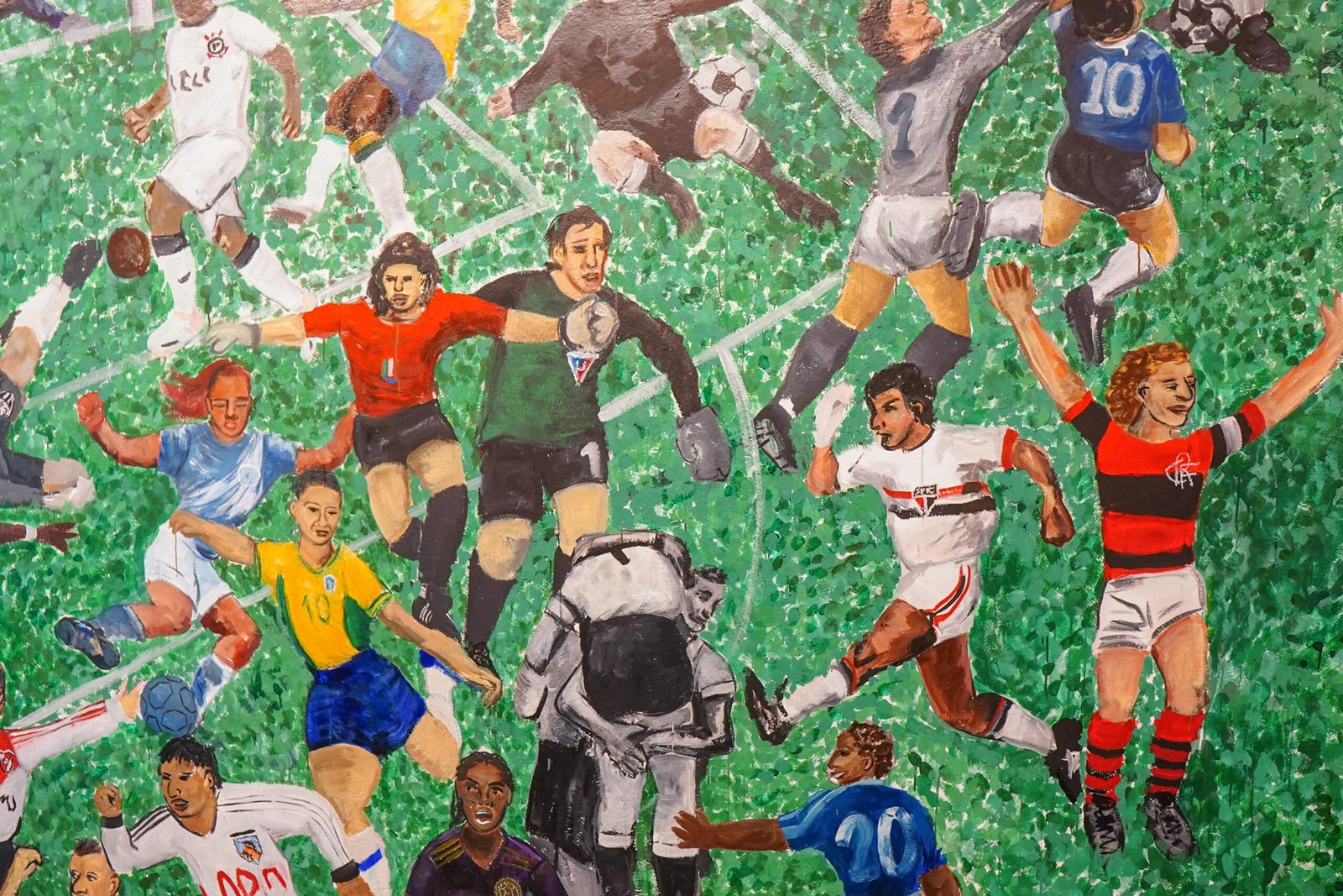 Detalhe do painel da exposição pintado por “Un siglo de fiesta y rivalidad”, dos artistas Marina Ceglie e Cleber TTC