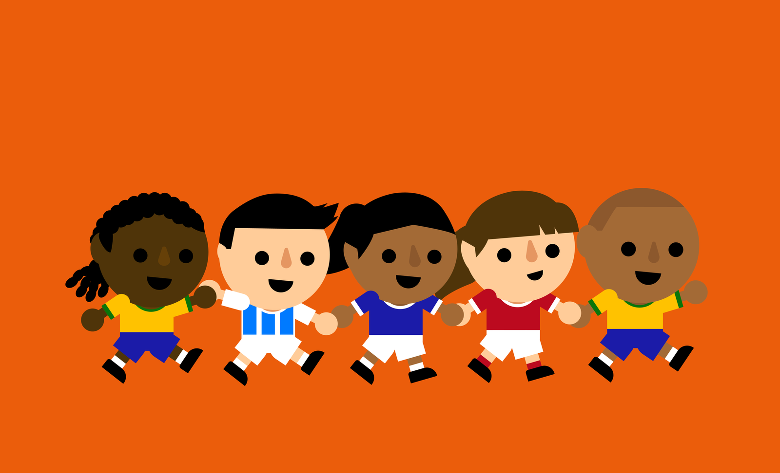 Imagem com fundo laranja e pequenos bonecos representando cinco craques do passado.