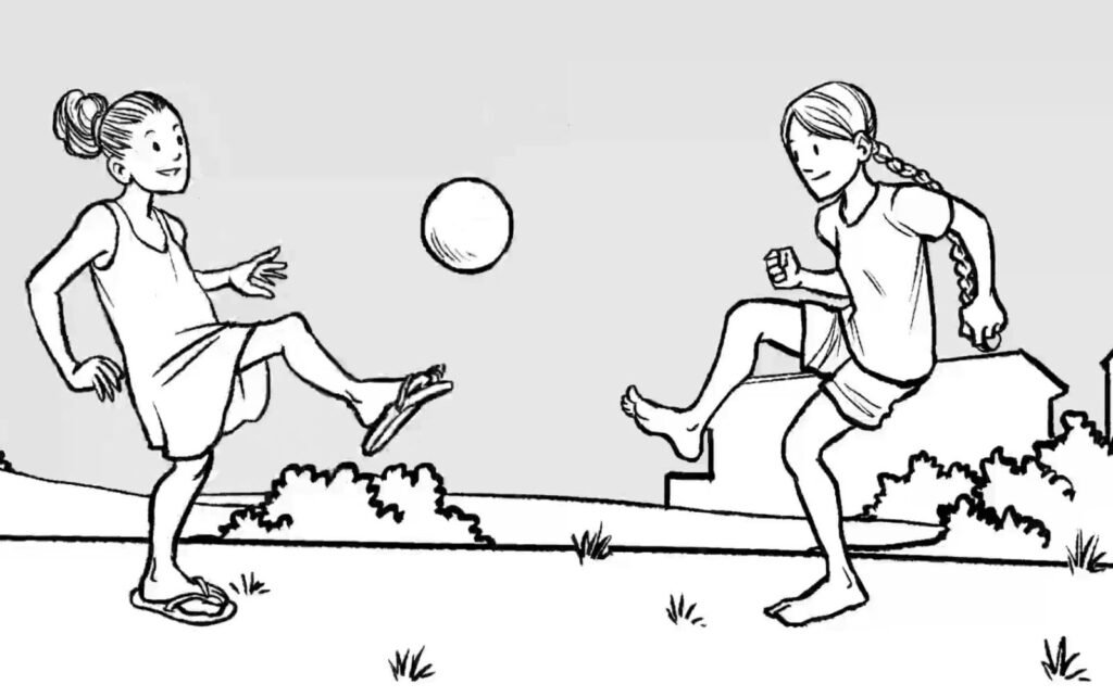 Imagem de quadrinho em PB com duas meninas jogando bola