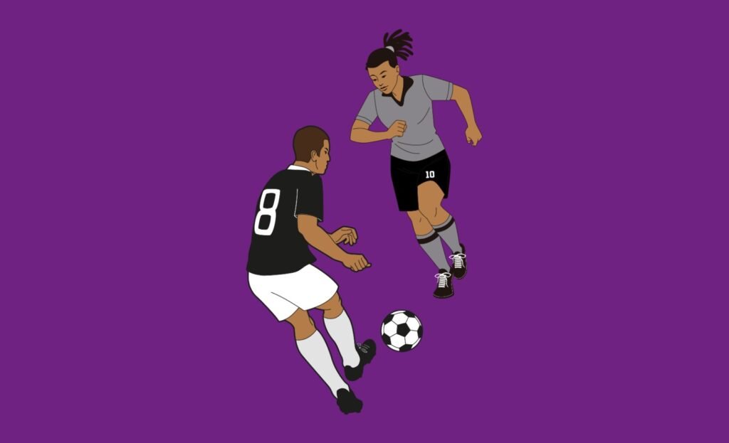 imagem em fundo roxo com duas figurinhas disputando uma bola