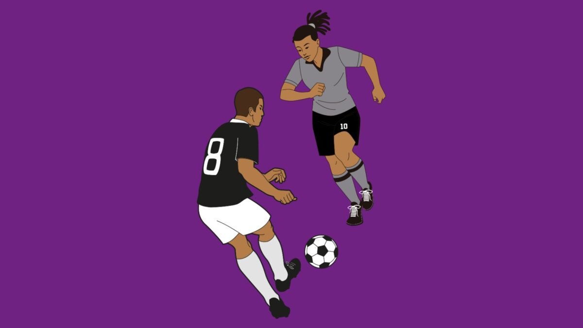 imagem em fundo roxo com duas figurinhas disputando uma bola
