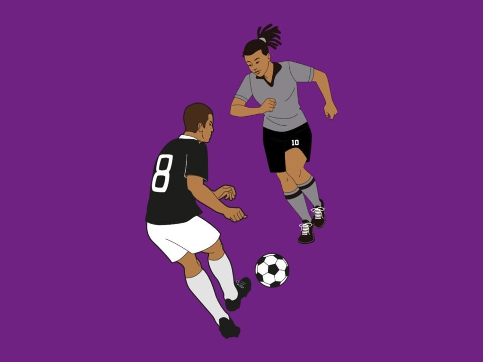 imagem em fundo roxo com duas figurinhas disputando uma bola