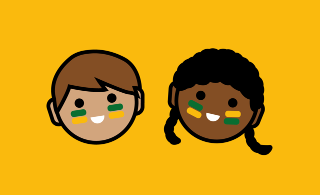 Ilustração com fundo amarelo mostrando dois desenhos de rostos de crianças. Elas têm as bochechas pintadas com traços verde e amarelo, em alusão à torcida pelo Brasil na copa.