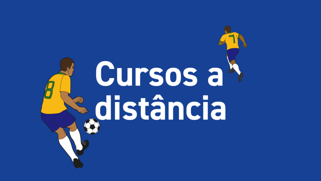 Ilustração com fundo azul com desenhos de jogadores com a camisa da seleção brasileira e a frase Cursos a distância.