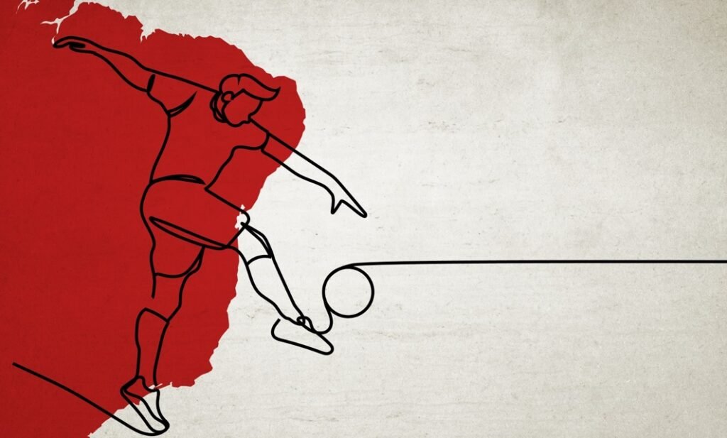 Imagem com o mapa do Brasil do lado esquerdo em vermelho, que são as cores do Paulistano. Traçados imitam um jogador chutando a bola com referencia do caminho até a Europa.