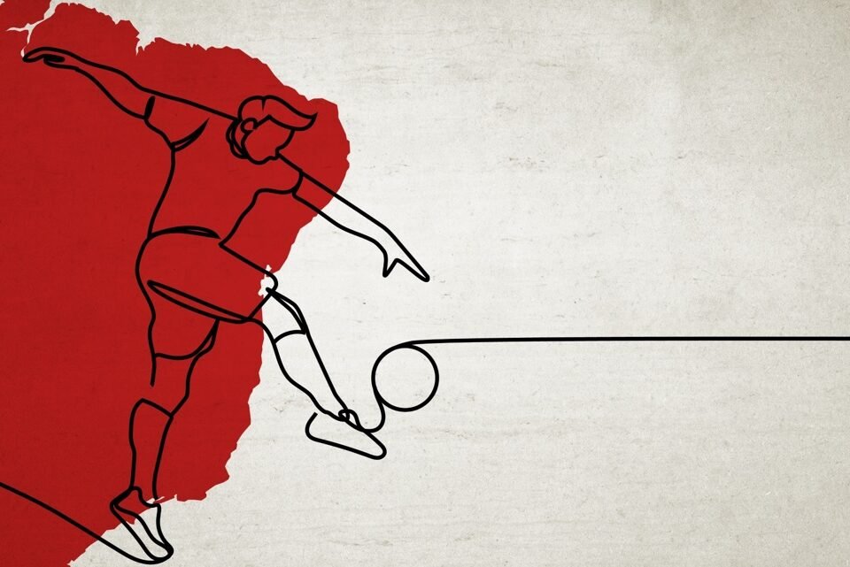 Imagem com o mapa do Brasil do lado esquerdo em vermelho, que são as cores do Paulistano. Traçados imitam um jogador chutando a bola com referencia do caminho até a Europa.