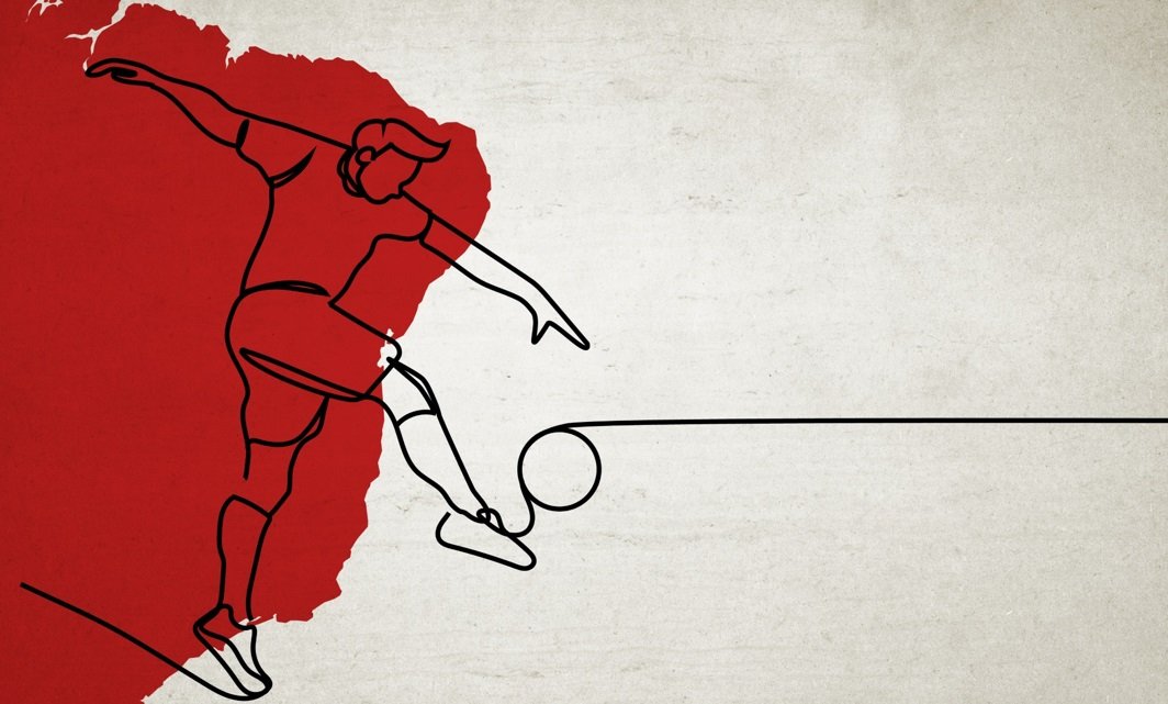 Imagem com o mapa do Brasil do lado esquerdo em vermelho, que são as cores do Paulistano. Traçados imitam um jogador chutando a bola com referencia do caminho até a Europa.