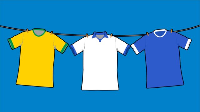 Imagem em um fundo azul. Com um varal de camisas amarelo, azul e branco