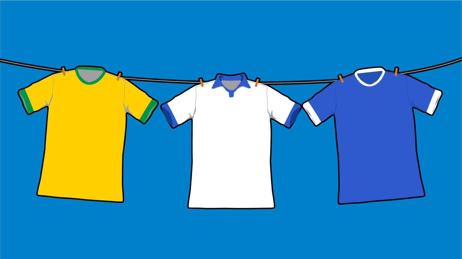 Imagem em um fundo azul. Com um varal de camisas amarelo, azul e branco