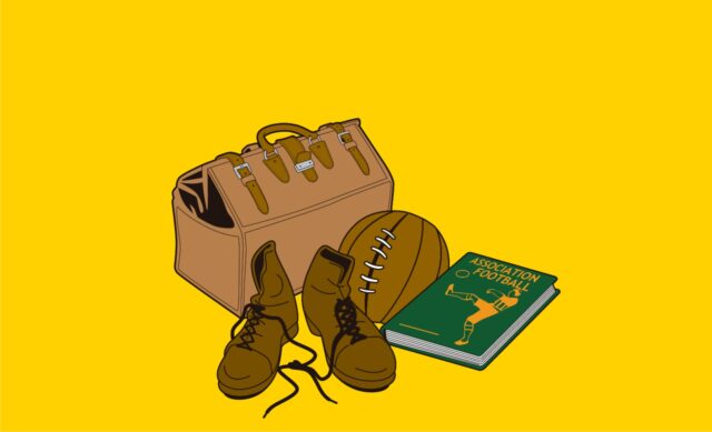 Imagem com fundo amareço. Nele há o desenho de uma mala, chuteiras antigas, bola e um livro.