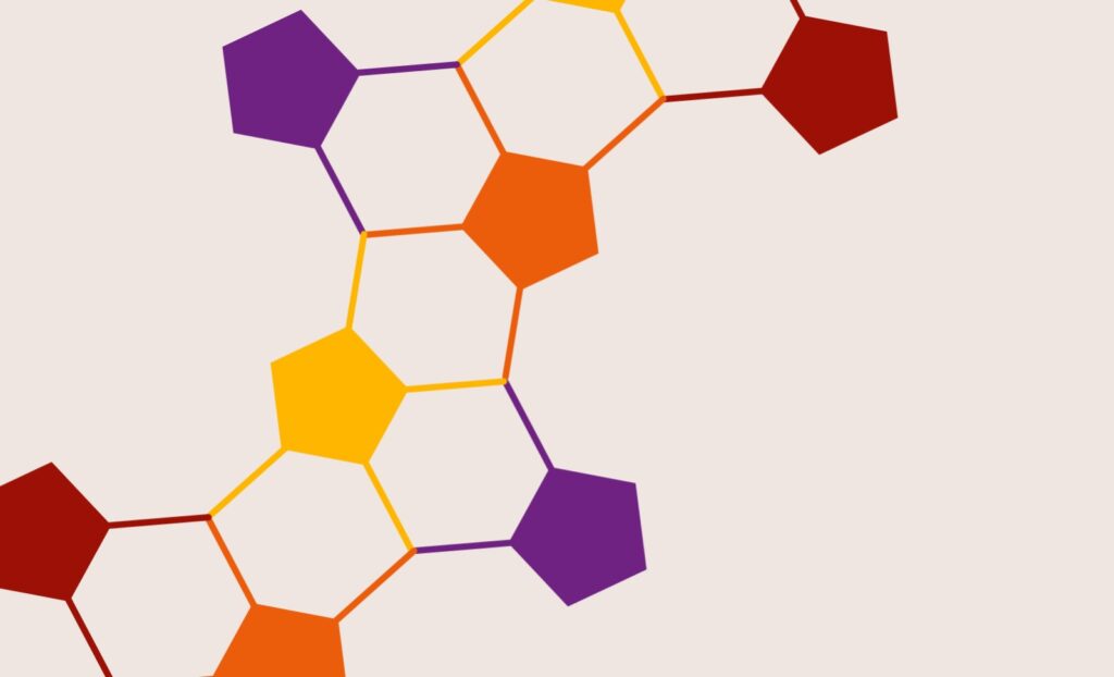 Imagem com fundo branco, com pentágonos coloridos e interligados.