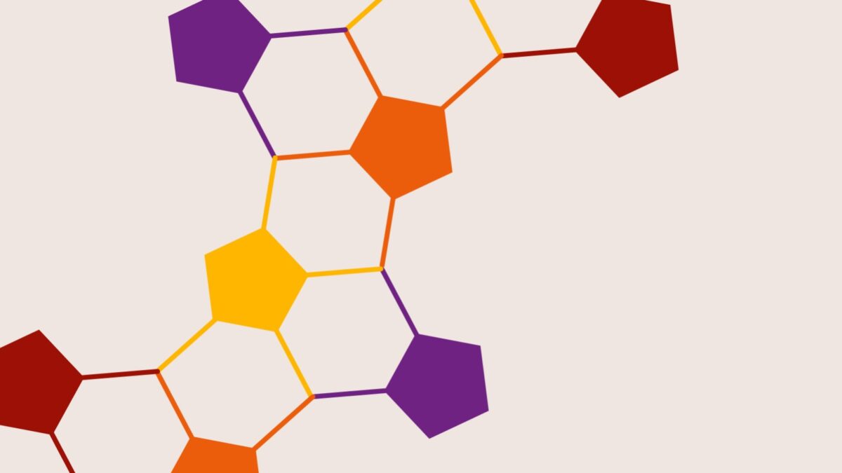 Imagem com fundo branco, com pentágonos coloridos e interligados.