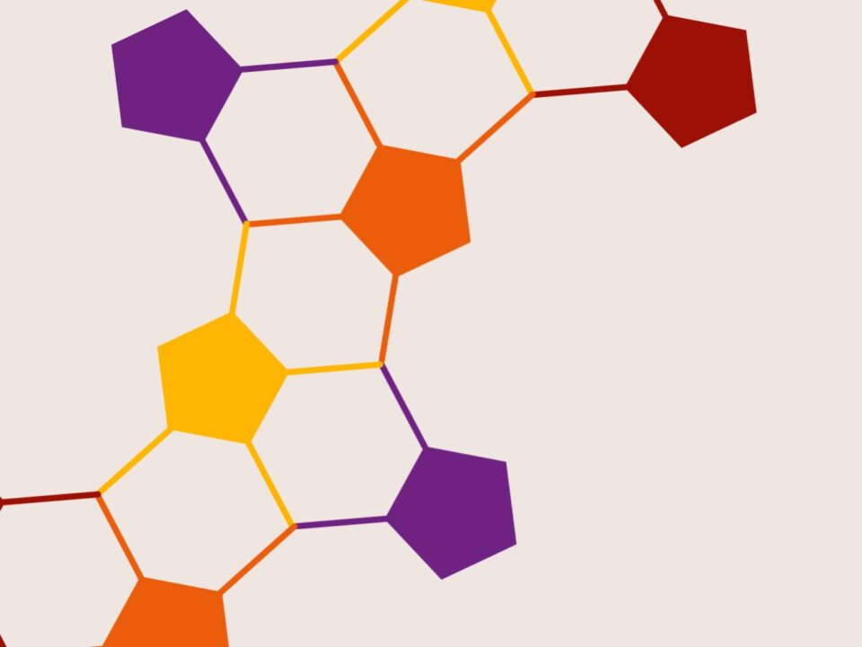 Imagem com fundo branco, com pentágonos coloridos e interligados.