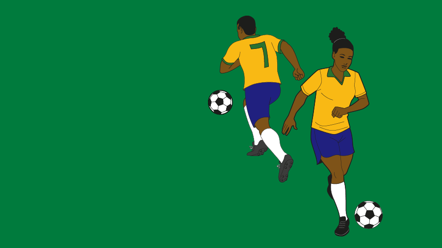 Imagem com fundo verde - nele, figuras de jogadores negros ilustram. Umm homem de costas e uma mulher chuta a bola