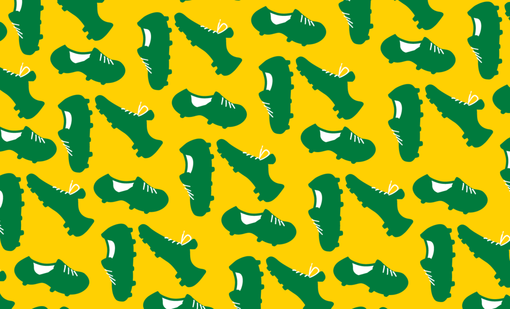 Imagem com o fundo amarelo, pequenas chuteiras verdes compoem o quadro