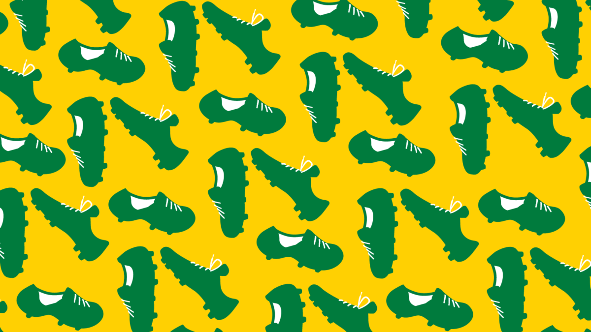 Imagem com o fundo amarelo, pequenas chuteiras verdes compoem o quadro