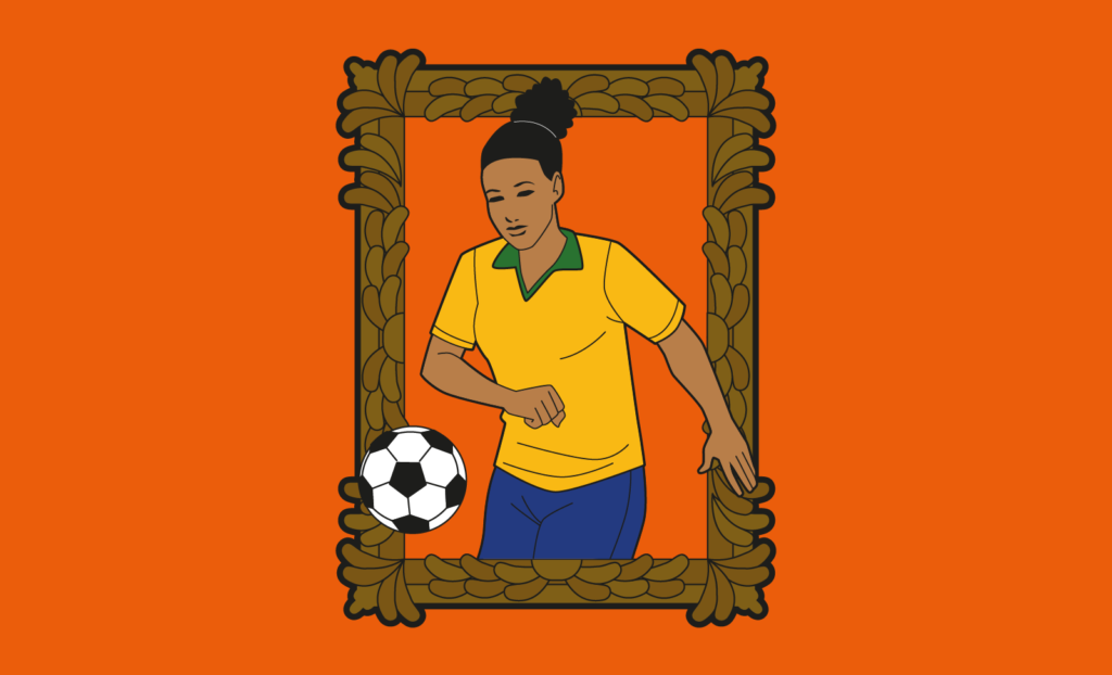 Imagem em um fundo laranja. Há uma moldura dourada com uma jogadora que veste amarelo de Brasi